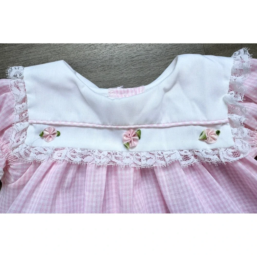 Vintage Bryan Pink Gingham Dress Bloomers Set Lace Rose Newborn 0-3 Months
